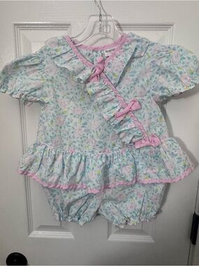 Vintage Style Baby Girl Floral Ruffle Bubble Romper Pink Trim 3T Cottagecore